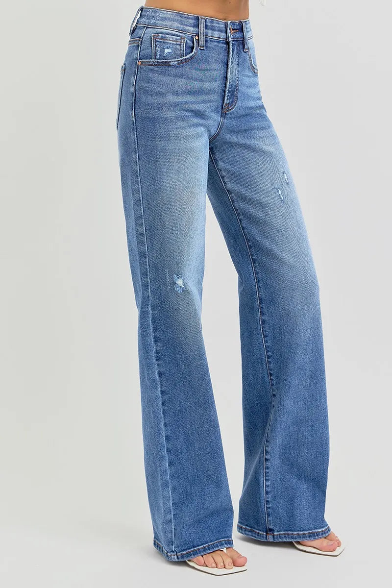 Image of RISEN Full Size Tummy Control Elastic Band High Rise Wide Jeans Plus Size | Queeble.shop