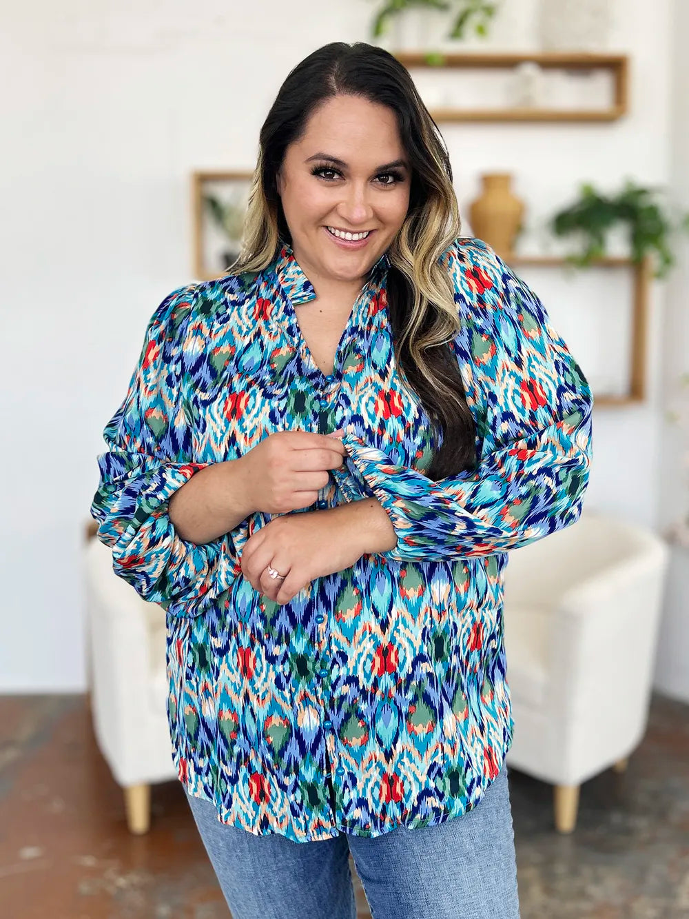 Image of Double Take Full Size Printed Balloon Sleeve Blouse | Queeble.shop