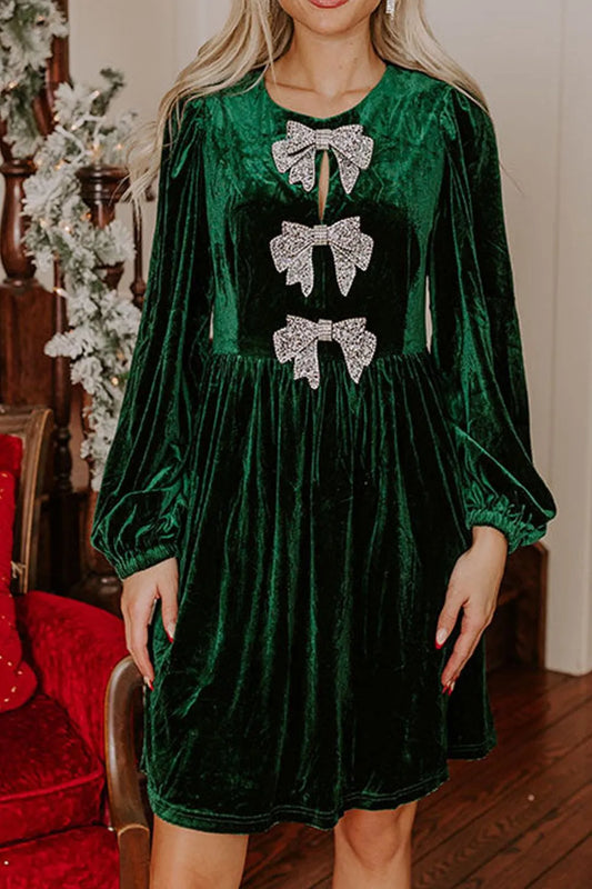 Image of Velvet Bow Front Balloon Sleeve Dress | Queeble.shop