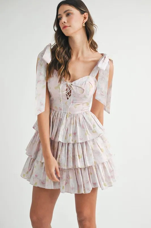 Image of MABLE Floral Print Shoulder Tie Layered Mini Dress | Queeble.shop