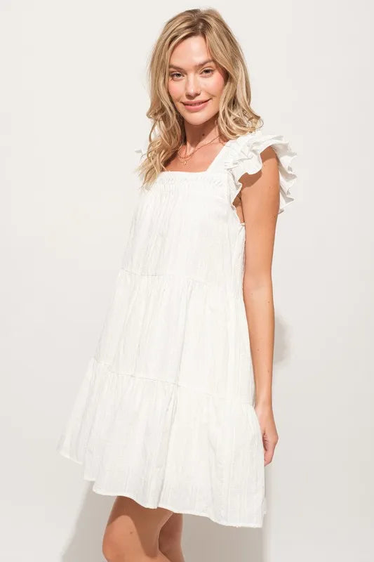 Image of And The Why Origami Pleating Ruffled Sleeve Tiered Dress | Queeble.shop