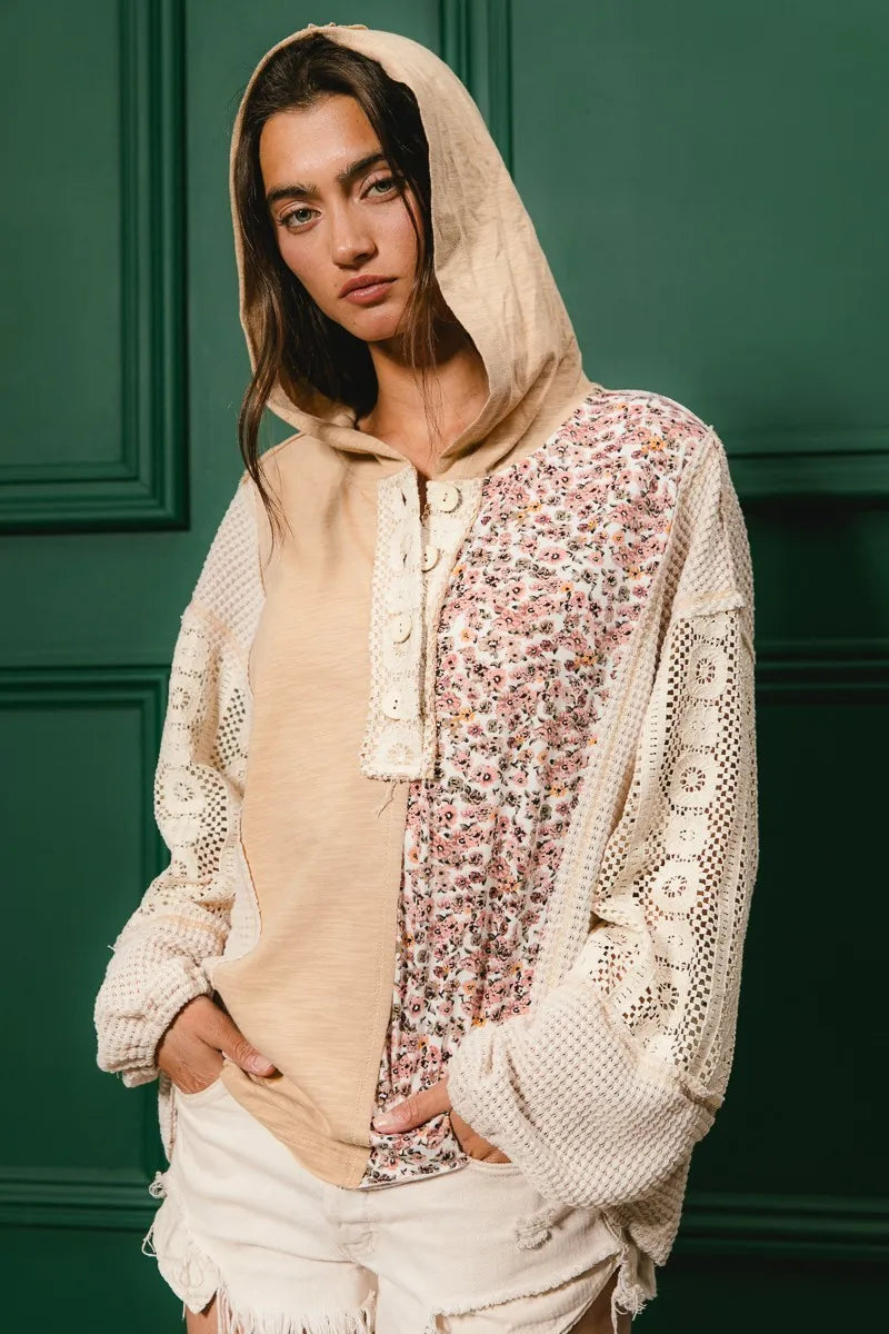 Image of BiBi Slub Jersey with Lace Combo Buttoned Hoodie Top | Queeble.shop