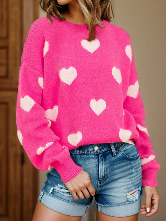 Image of Heart Round Neck Dropped Shoulder Sweater | Queeble.shop