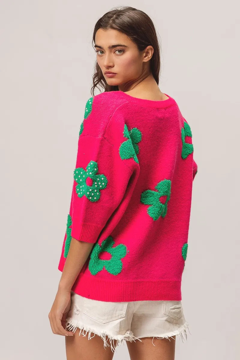 Image of BiBi Pearl Beads Flowers Sweater Top | Queeble.shop