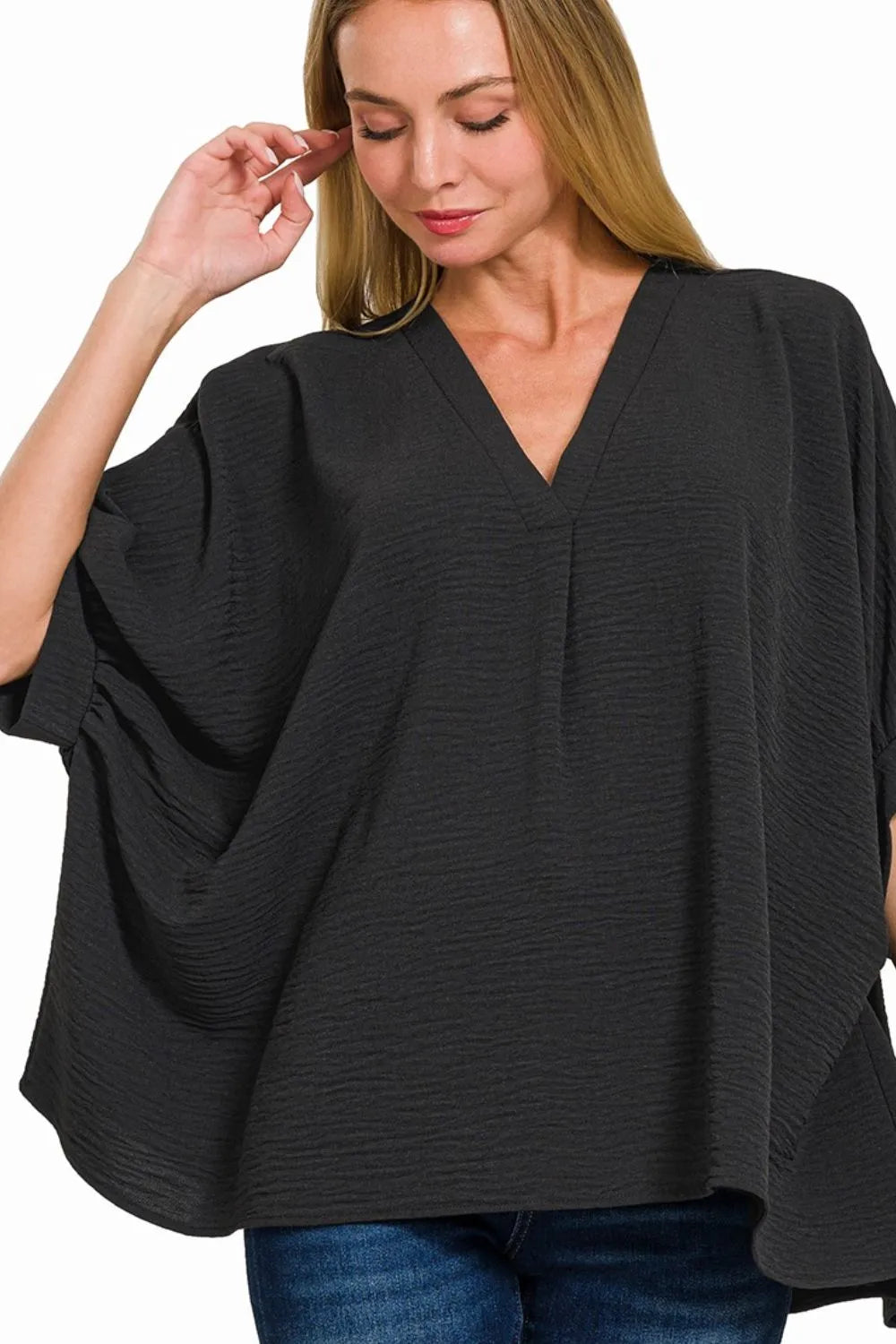 Image of Zenana Woven Airflow V-neck Puff Half Sleeve Top | Queeble.shop