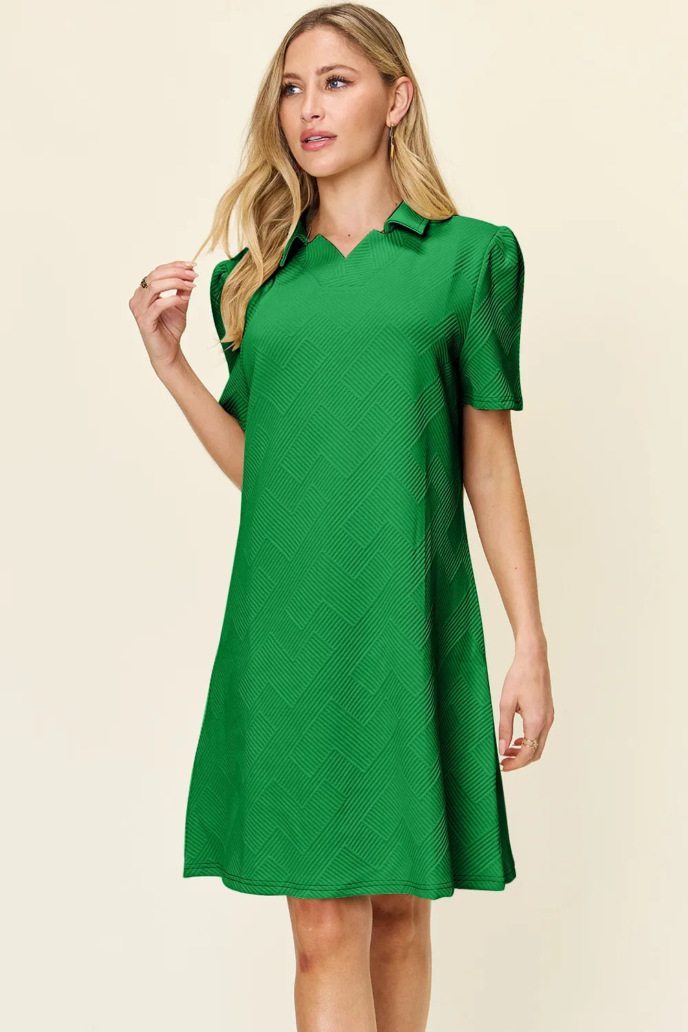 Image of Double Take Full Size Texture Collared Neck Short Sleeve Dress | Queeble.shop