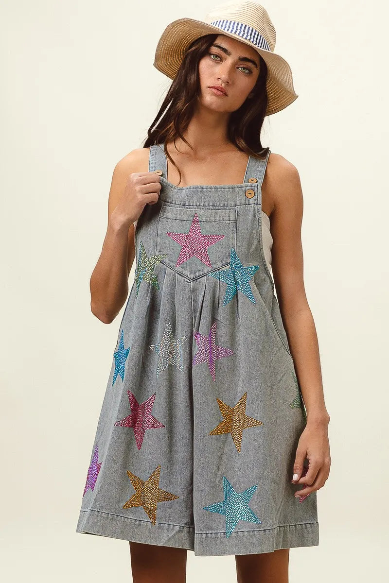Image of BiBi Star Rhinestone Washed Wide Leg Shortalls | Queeble.shop