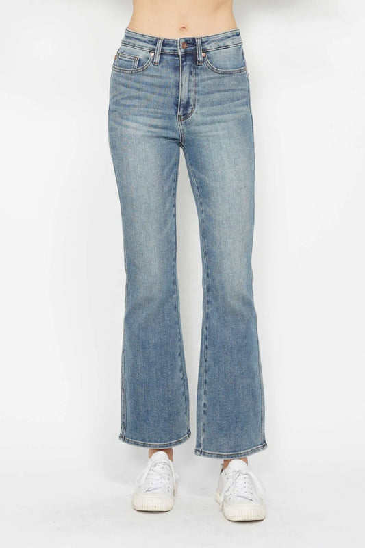 Image of Judy Blue Full Size Tummy Control Back Embroidered Pocketed Bootcut Jeans Plus Size | Queeble.shop