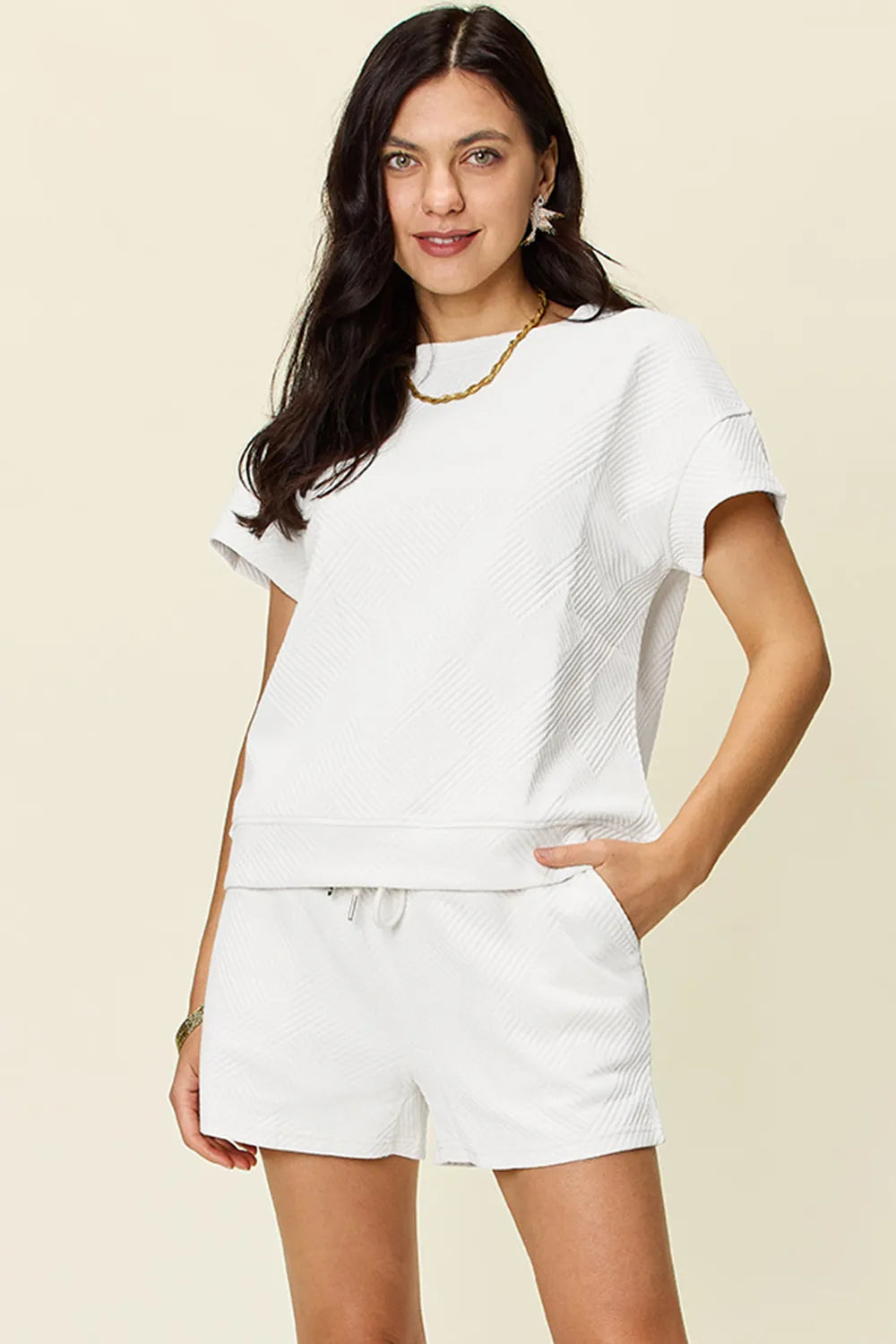 Image of Double Take Full Size Texture Short Sleeve T-Shirt and Drawstring Shorts Set | Queeble.shop