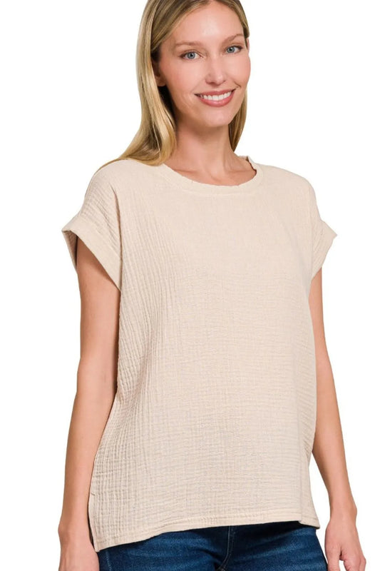 Image of Zenana Double Gauze Round Neck Folded Short Sleeve Top | Queeble.shop