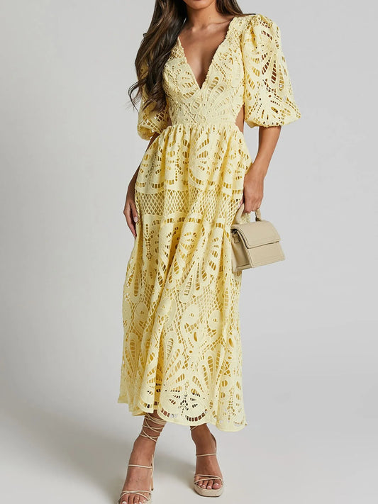 Image of Cutout Back Lace Crochet V-Neck Dress | Queeble.shop