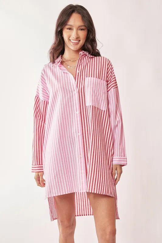 Image of Davi & Dani Multi Color Stripe Mixed Button Front Tunic Shirt Dress | Queeble.shop