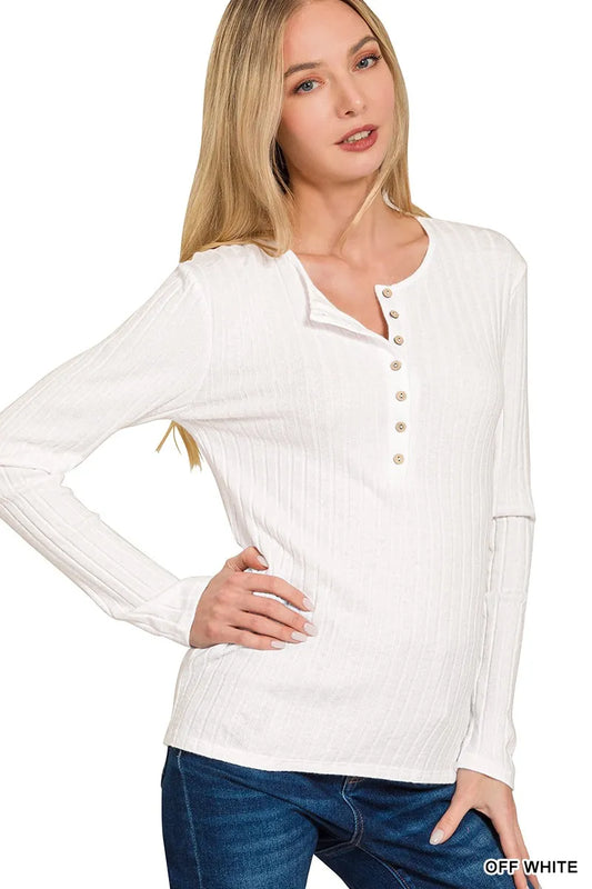 Image of Zenana Ribbed Long Sleeve Half Button Top | Queeble.shop
