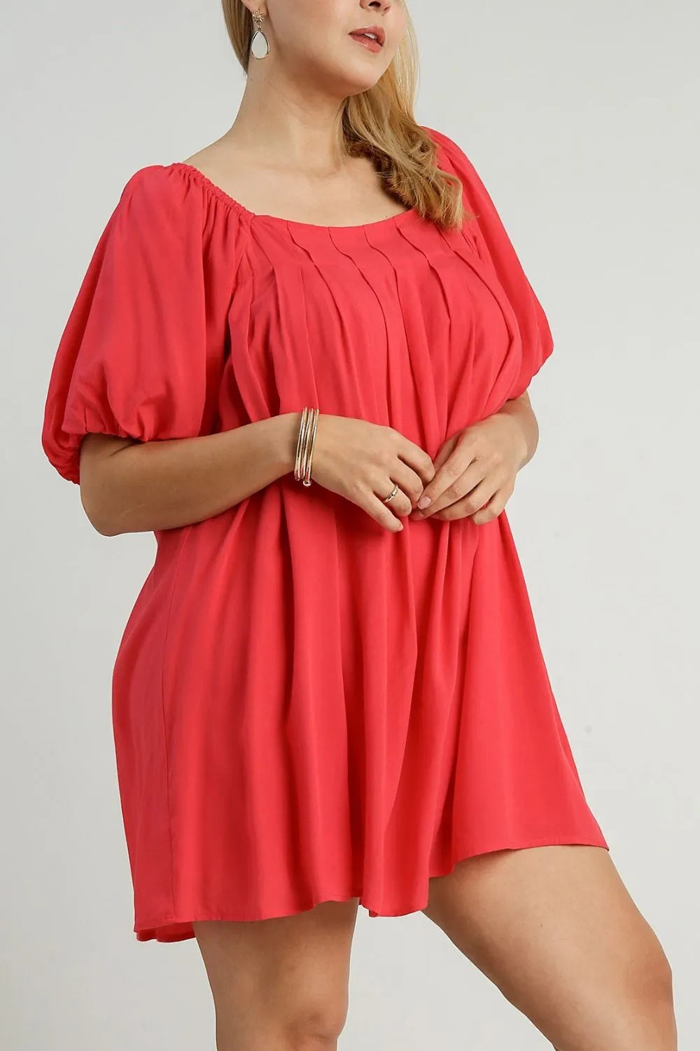 Image of Umgee Full Size Squared Neck Puff Sleeve Mini Dress Plus Size | Queeble.shop