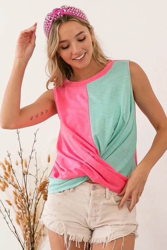 Image of BiBi Slub Terry Color Block Twisted Top | Queeble.shop