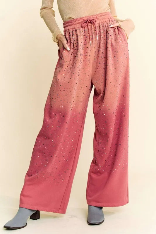 Image of Davi & Dani Rhinestone Drawstring Wide Leg Pants | Queeble.shop
