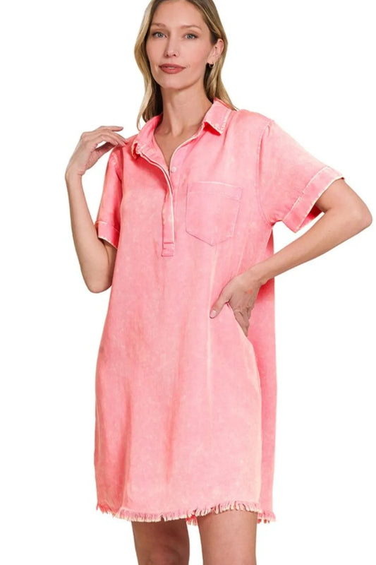 Image of Zenana Tencel Mineral Washed Collared Shirts Dress | Queeble.shop