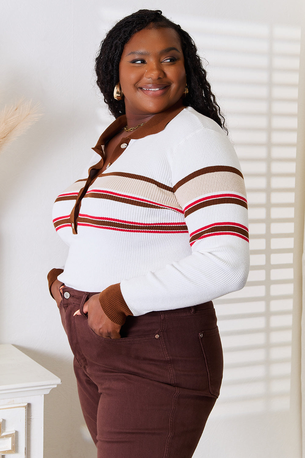 Image of Basic Bae Striped Collared Neck Rib-Knit Top | Queeble.shop