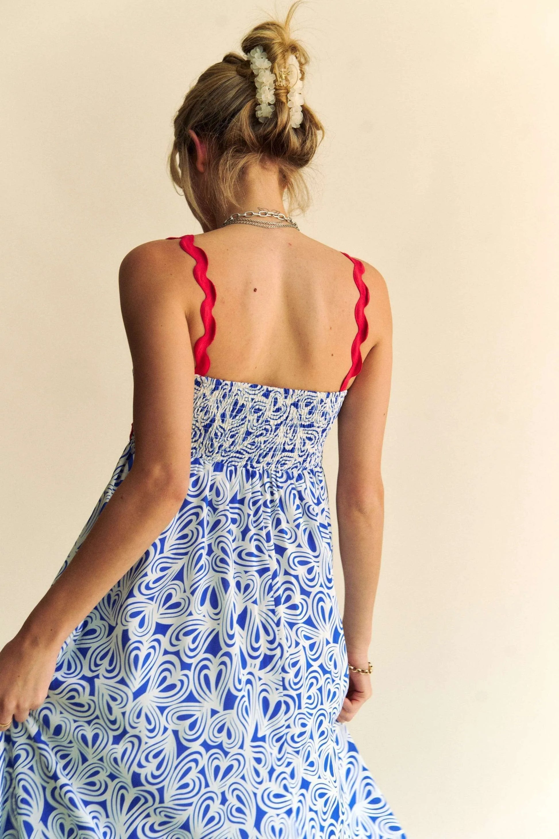 Image of Davi & Dani Geo 2 Tone Printed Wavi Trim Tiered Maxi Dress | Queeble.shop
