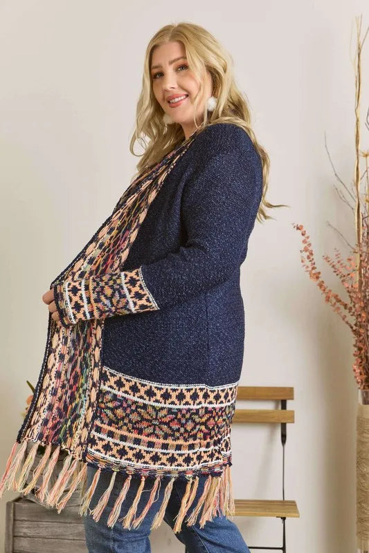 Image of ADORA Full Size Fringe Hem Aztec Border Cardigan Plus Size | Queeble.shop
