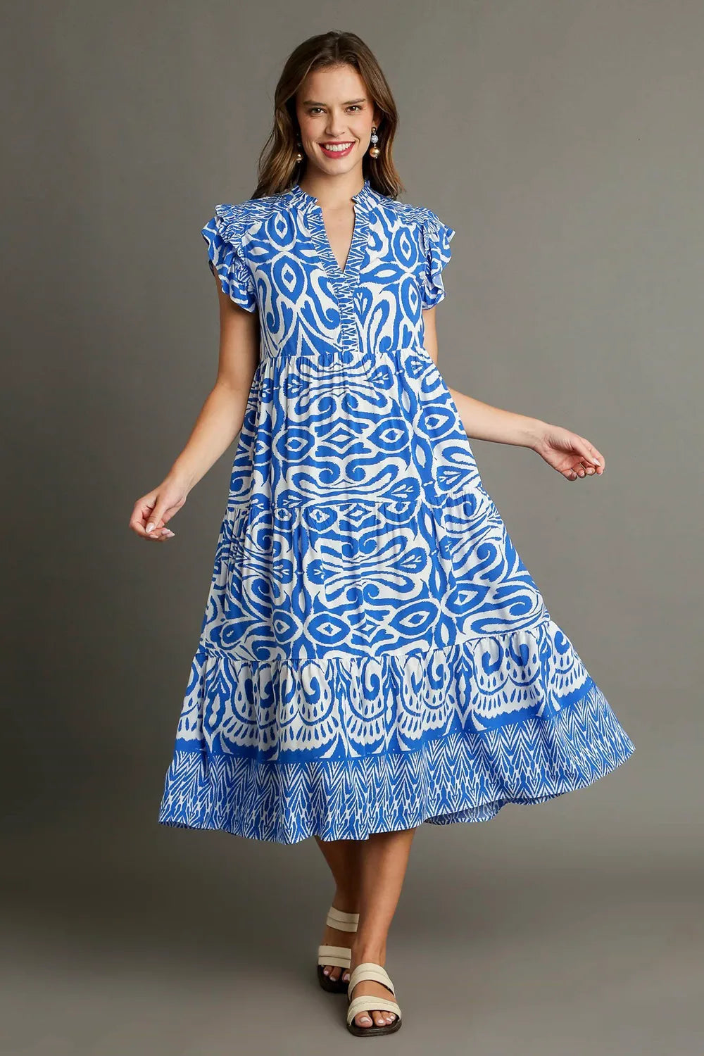 Image of Umgee Full Size Two Tone Border Print Ruffle Cap Sleeve Midi Dress Plus Size | Queeble.shop
