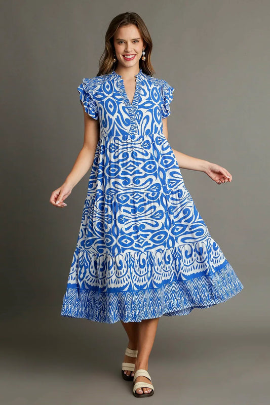 Image of Umgee Full Size Two Tone Border Print Ruffle Cap Sleeve Midi Dress Plus Size | Queeble.shop