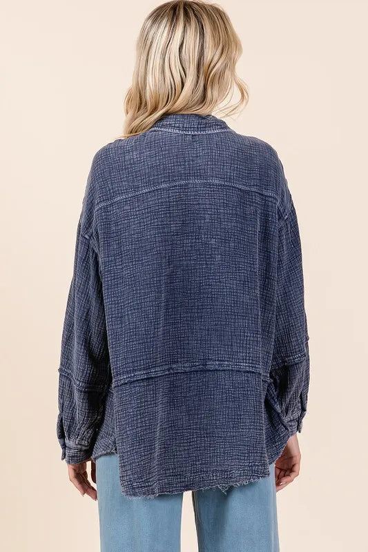Image of Mittoshop Textured Collared Neck Long Sleeve Shirt | Queeble.shop