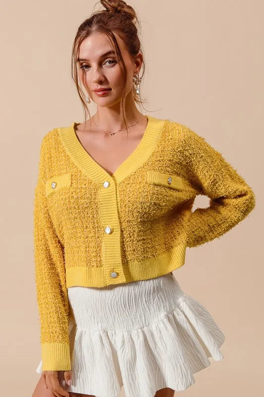 Image of SO ME Frayed Tweed Knit Buttoned Front Cardigan | Queeble.shop