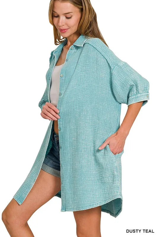 Image of Zenana Washed Double Gauze Button Down Shirt Dress | Queeble.shop