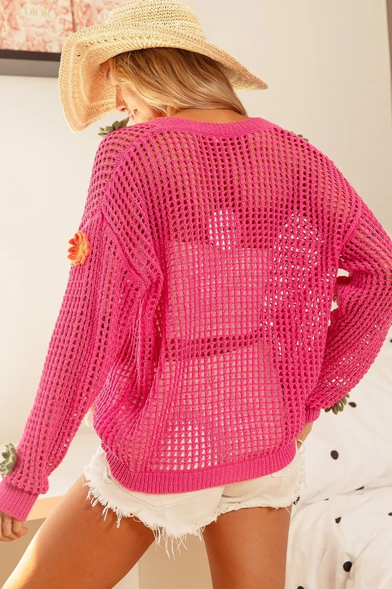 Image of BiBi Flower Patches Open Knit Sweater Cardigan | Queeble.shop