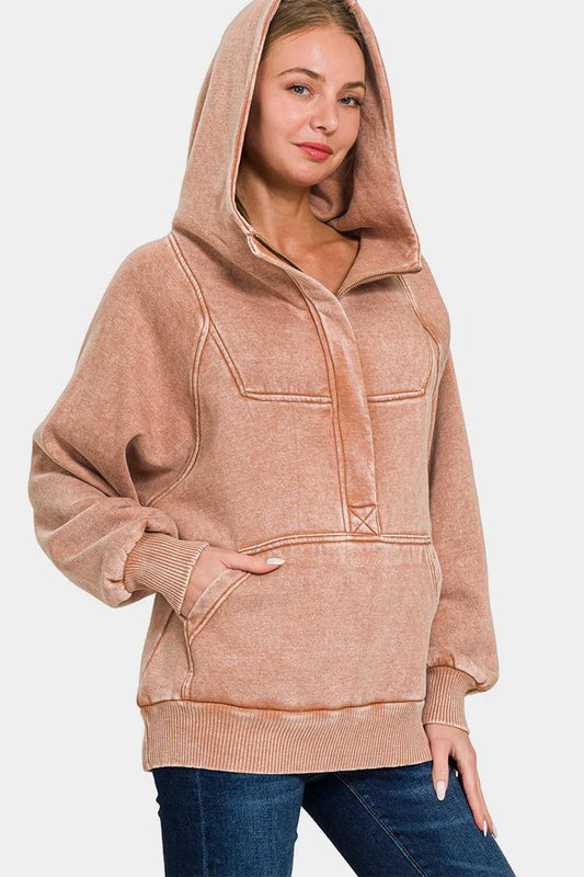 Image of Zenana Acid Wash Fleece Kangaroo Hoodie | Queeble.shop