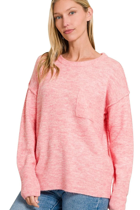 Image of Zenana Melange Hi-low Hem Round Neck Sweater | Queeble.shop