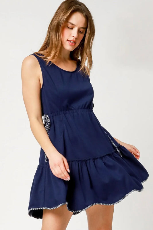 Image of Umgee Frill Drawstring Waist Round Neck Mini Tank Dress | Queeble.shop
