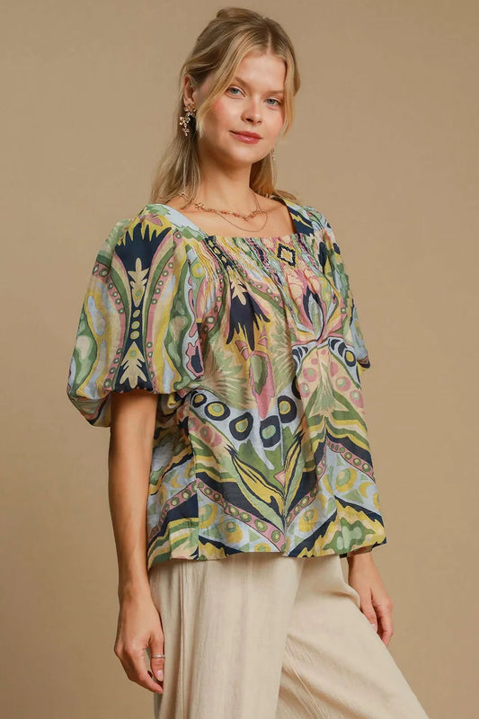 Image of Umgee Full Size Abstract Print Smocked Square Neck Puff Sleeve Blouse | Queeble.shop