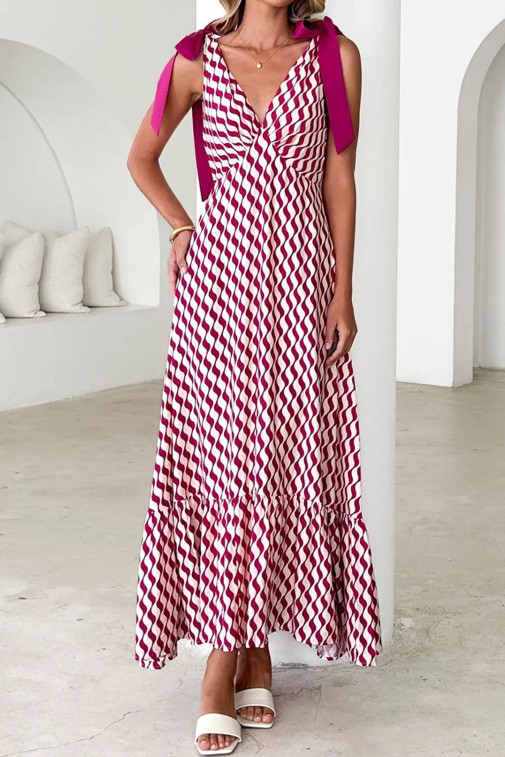 Image of Printed V-Neck Tie Shoulder Midi Cami Dress | Queeble.shop