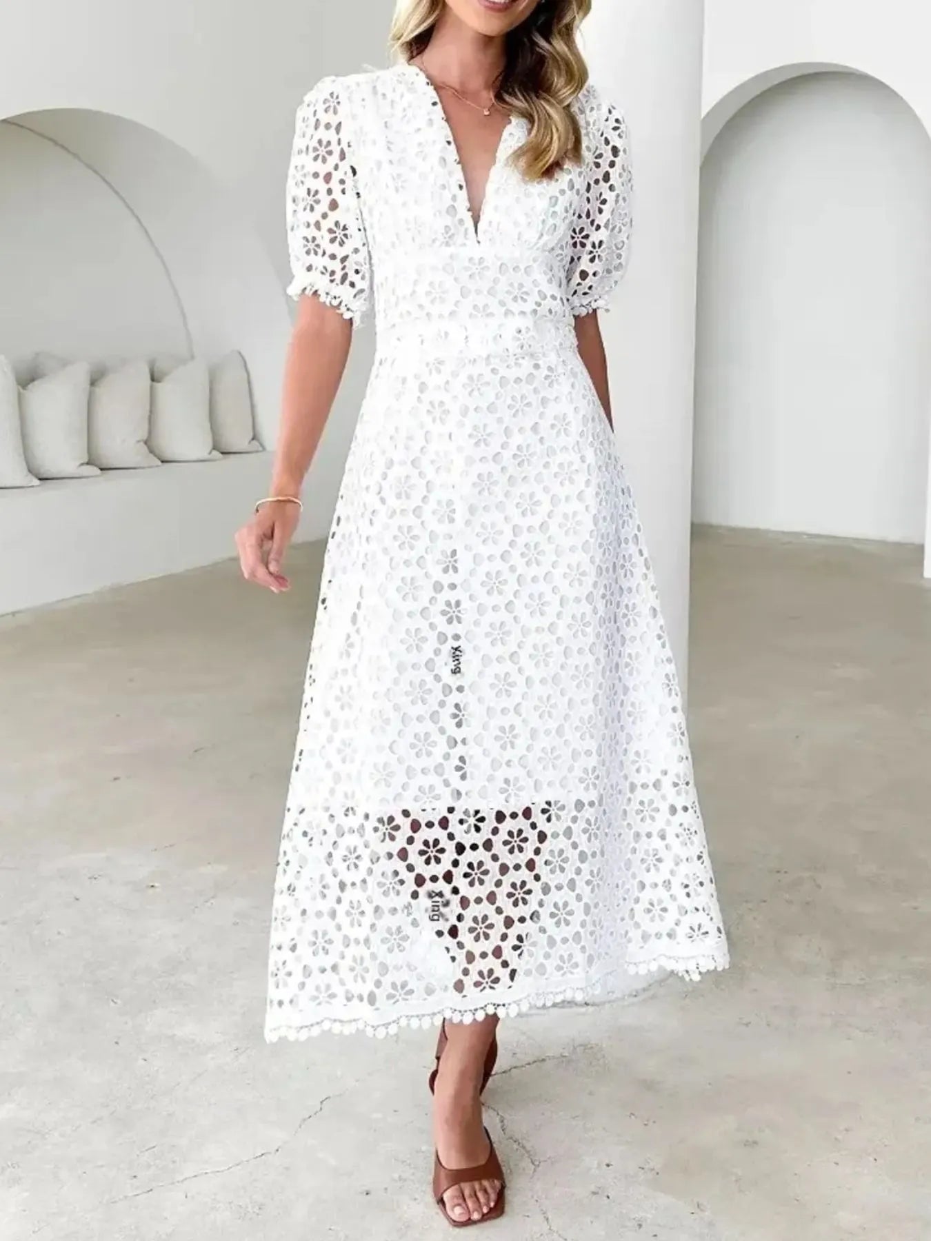Image of Eyelet Lace V-Neck Midi Dress with Puff Sleeves | Queeble.shop