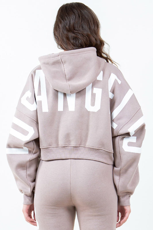 Image of American Bazi Letter Graphic Long Sleeve Drawstring Cropped Hoodie | Queeble.shop