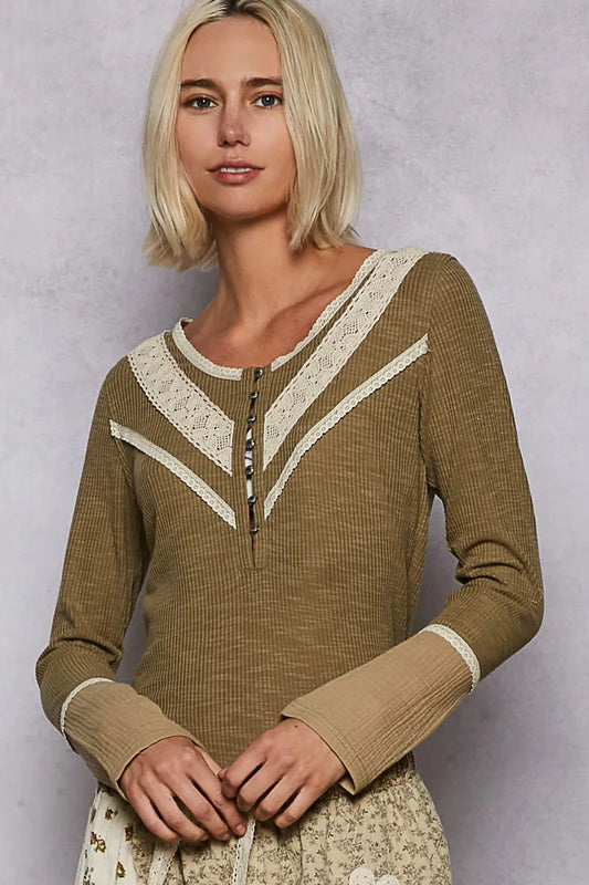 Image of POL Ribbed Half Button Lace Detail Knit Top | Queeble.shop