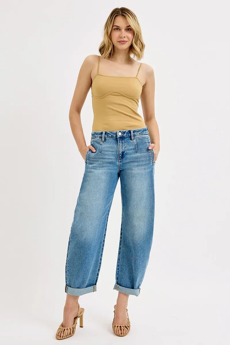Image of RISEN Full Size Mid Rise Fit Barrel Roll Up Jeans Plus Size | Queeble.shop