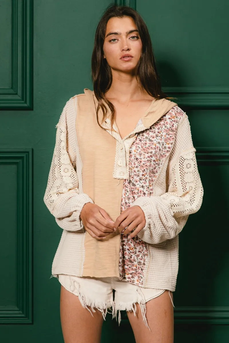 Image of BiBi Slub Jersey with Lace Combo Buttoned Hoodie Top | Queeble.shop