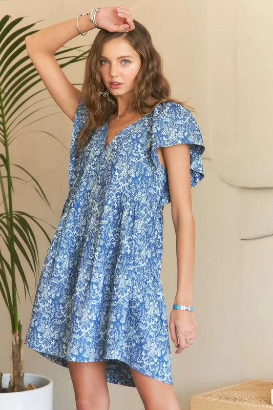Image of ADORA Printed V-Neck Ruffle Sleeve Mini Dress | Queeble.shop