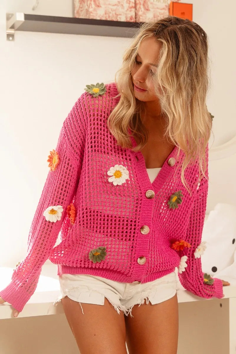 Image of BiBi Flower Patches Open Knit Sweater Cardigan | Queeble.shop