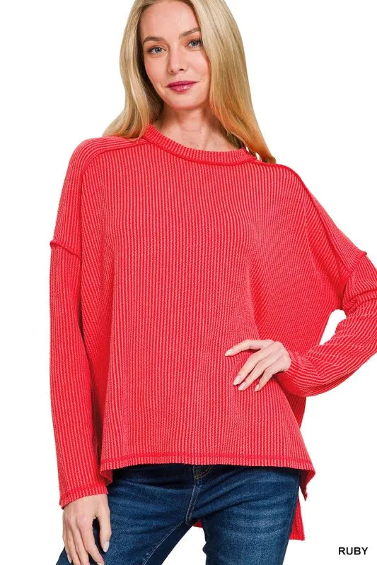 Image of Zenana Full Size Exposed Seam Long Sleeve Corded Rib Knit Top Plus Size | Queeble.shop