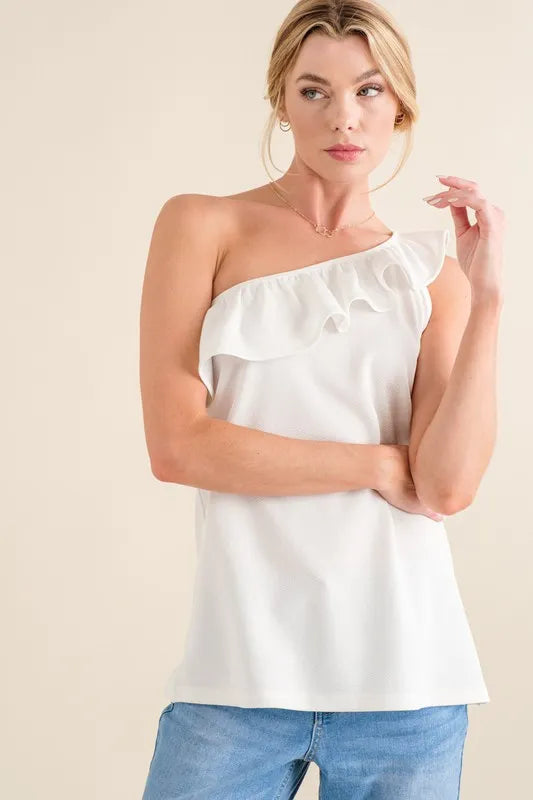 Image of And The Why Ruffle One Shoulder Sleeveless Tank Top | Queeble.shop