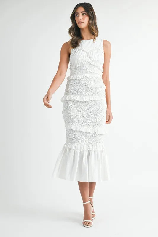 Image of MABLE Ruffled Popcorn Smocked Mermaid Midi Dress | Queeble.shop