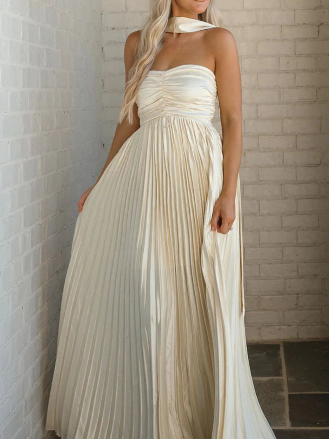 Image of Ruched Pleated Tube Maxi Dress | Queeble.shop