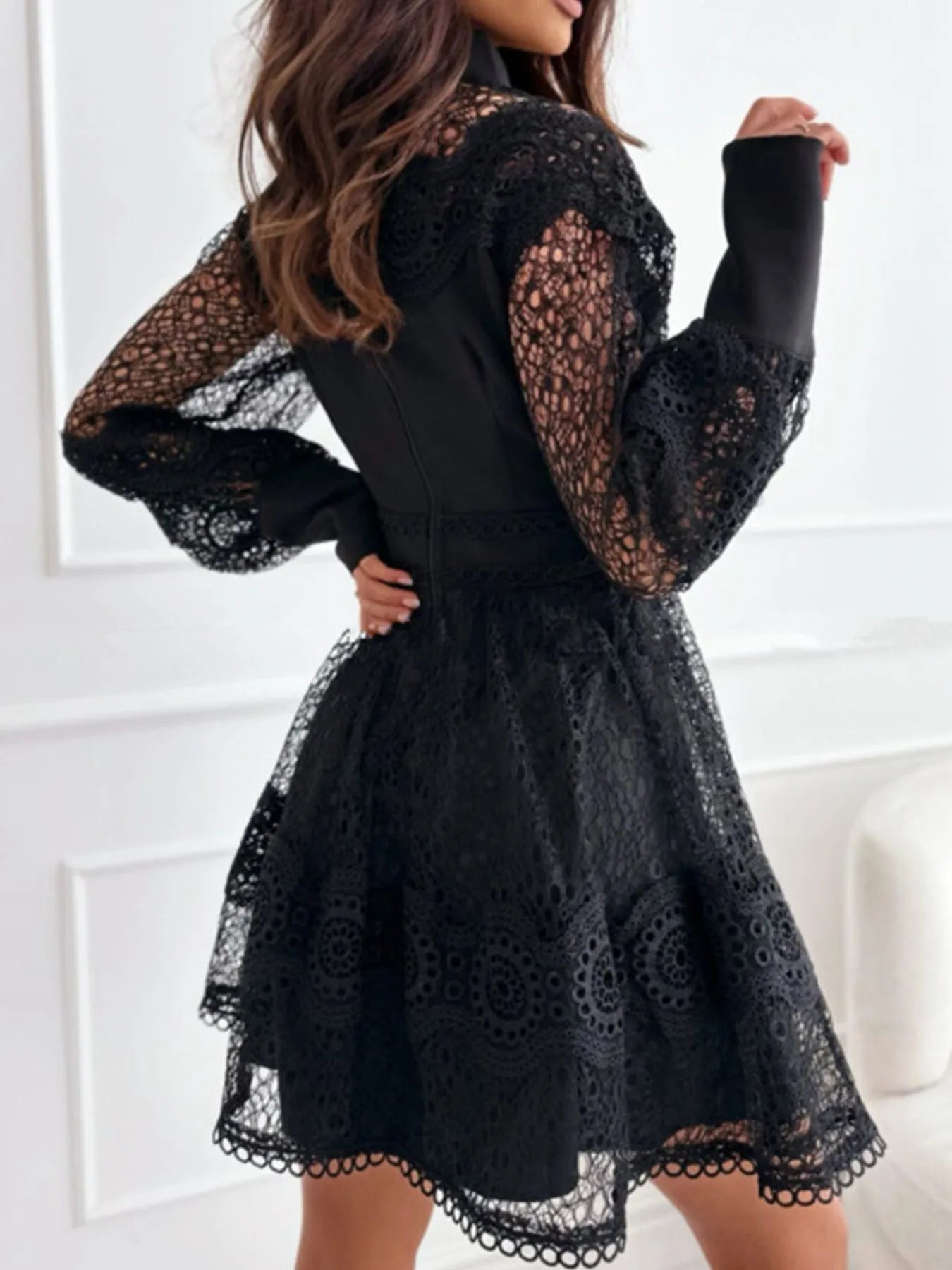 Image of Lace Lantern Sleeve Mini Dress | Queeble.shop