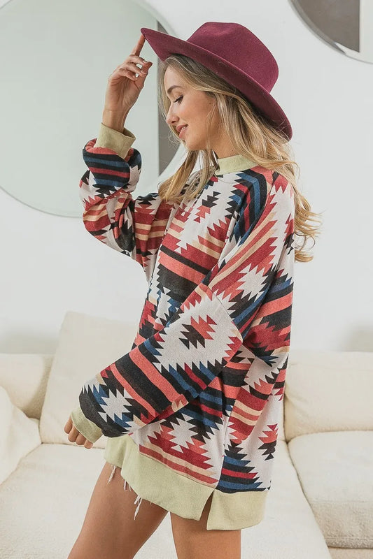 Image of BiBi Aztec Print Mirr Mock Neck Lslv Top | Queeble.shop