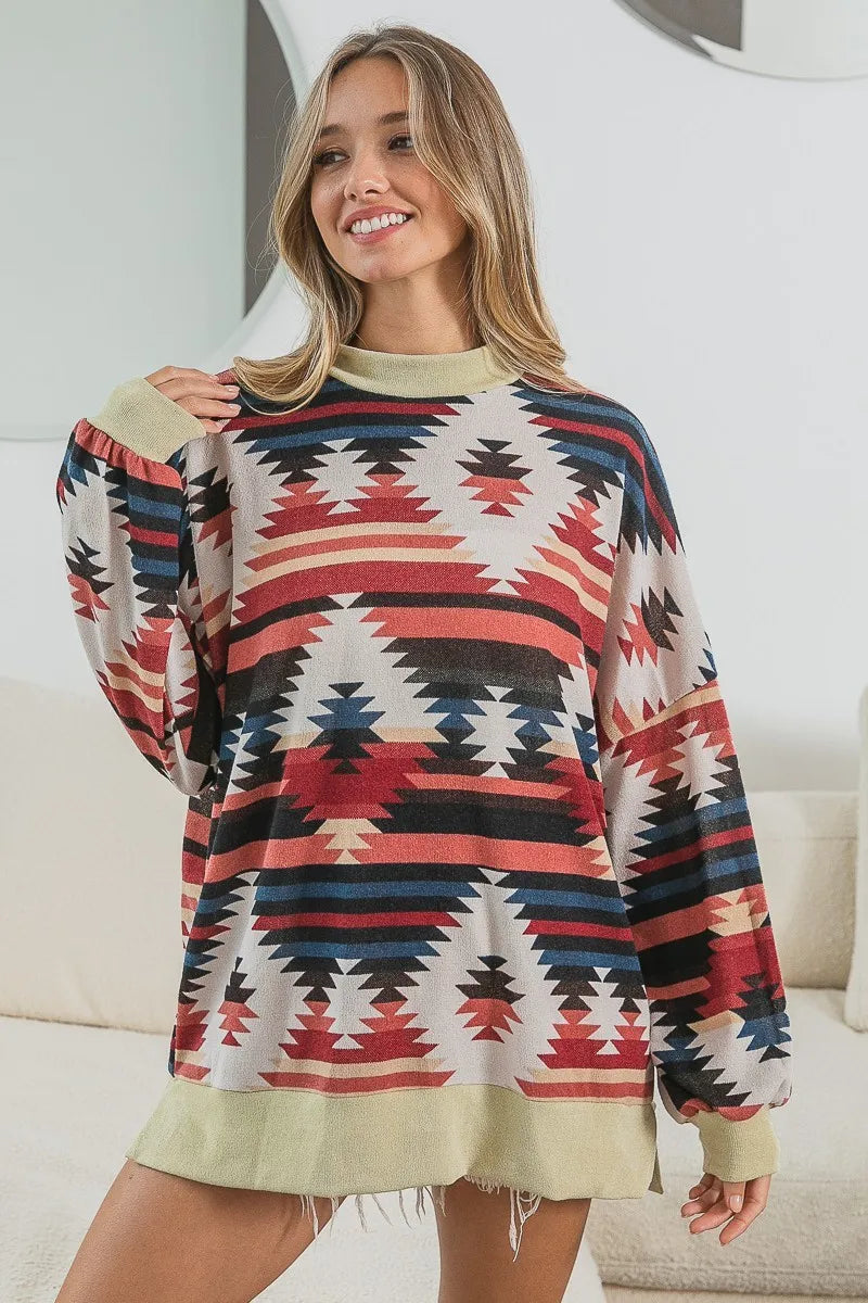 Image of BiBi Aztec Print Mirr Mock Neck Lslv Top | Queeble.shop