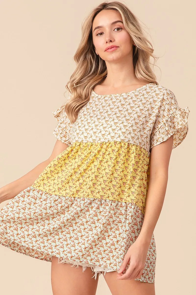 Image of BiBi Flroal Printed Woven Color Block and Tiered Top | Queeble.shop